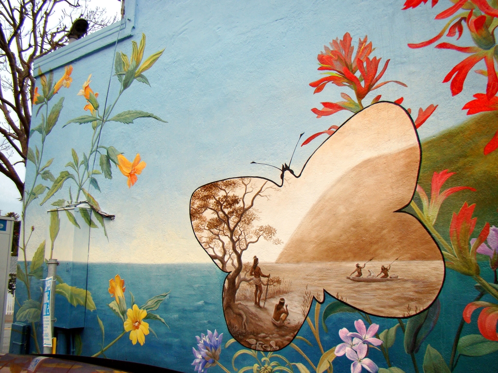 The Ohlone looking across the Bay, in the first of several vignettes within the mural
