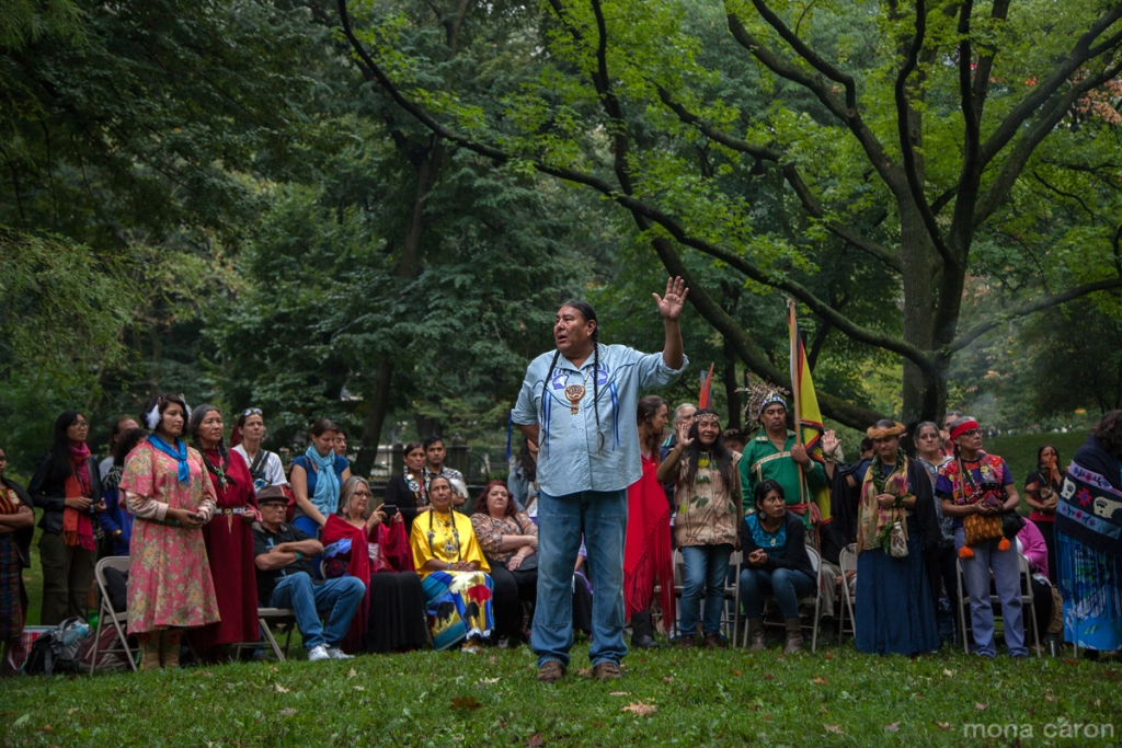 At dawn, the morning of the Peoples Climate March, indigenous leaders from across the world gathered in Central Park. In the foreground, Tom Goldtooth of the Minnesota Indigenous Environmental Network