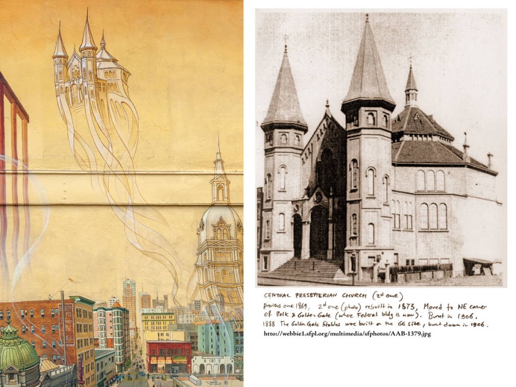 the Central Presbyterian Tabernacle used to stand where the parking garage on Golden Gate avenue is now, right next to the mural.