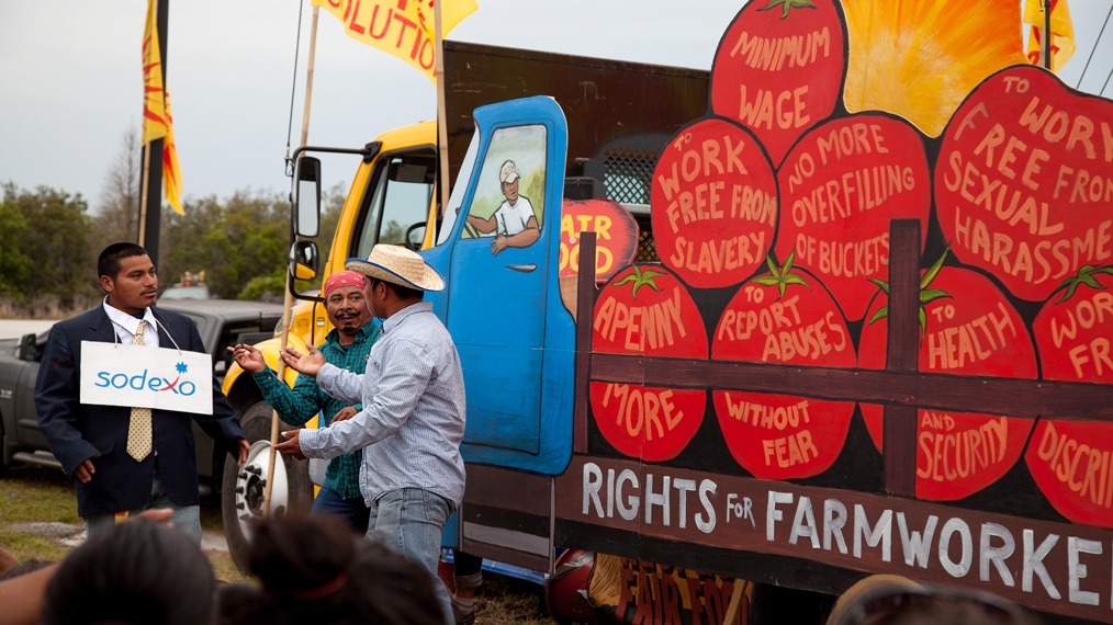 Mística theater about the CIW's Campaign for Fair Food, during the march on Publix headquarters, 2013