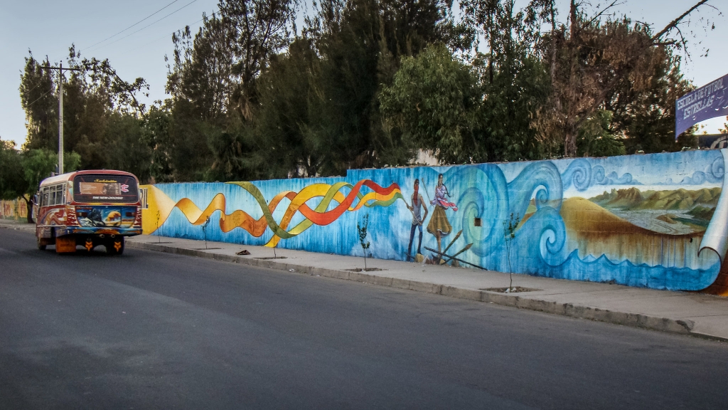 Mural in Cochabamba, Bolivia by Mona Caron