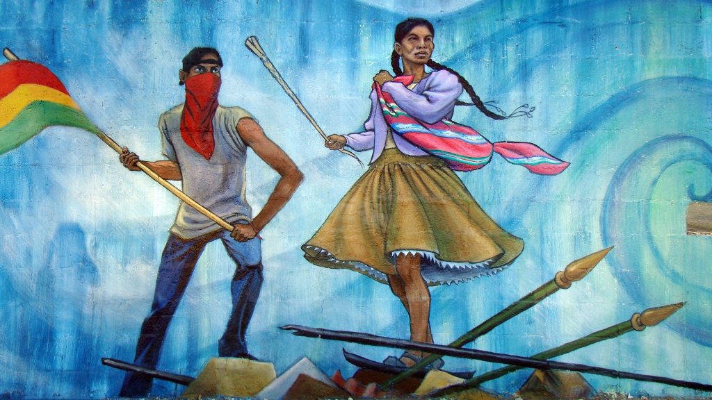 Water War mural in Cochabamba, Bolivia by Mona Caron (detail)elebration with Mona Caron Freeway Bird