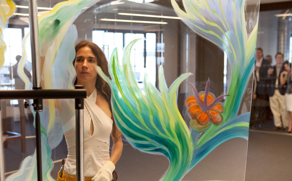 Mona Caron live painting on glass