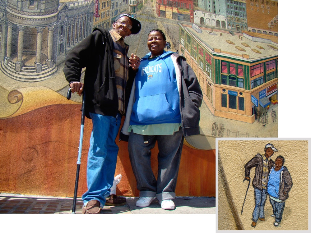 People with themselves in the painting - Tenderloin mural by Mona Caron