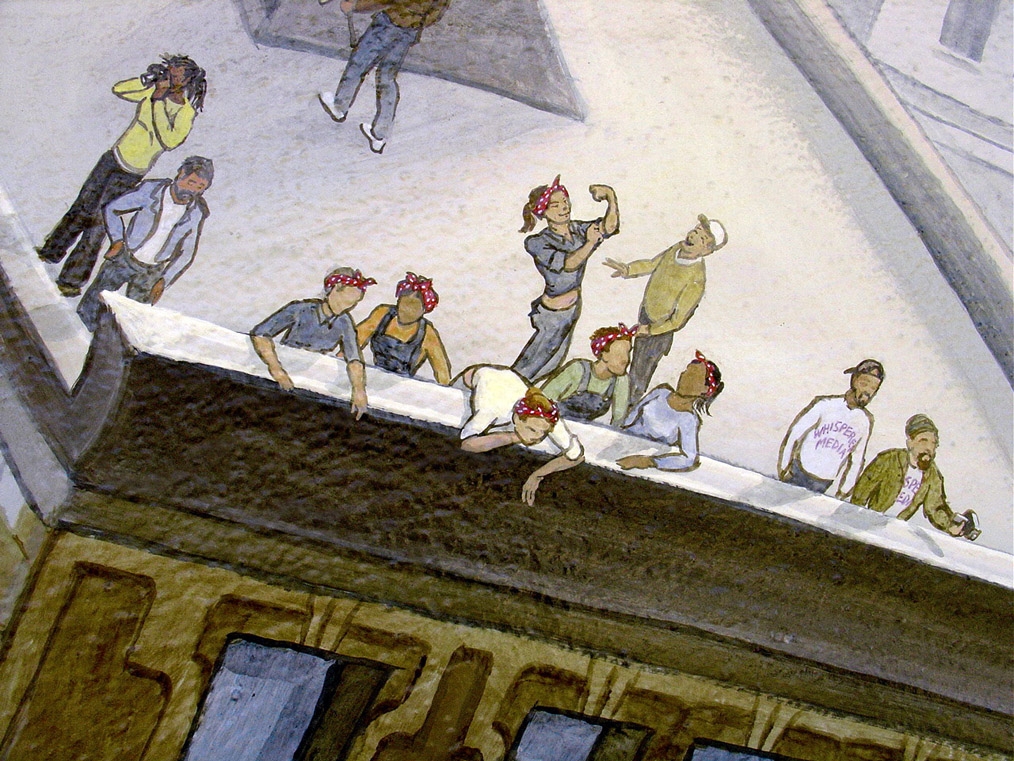 Rosie The Riveter gang, watching from the roof of the Grant Building Rosie The Riveter gang, watching from the roof of the Grant Building